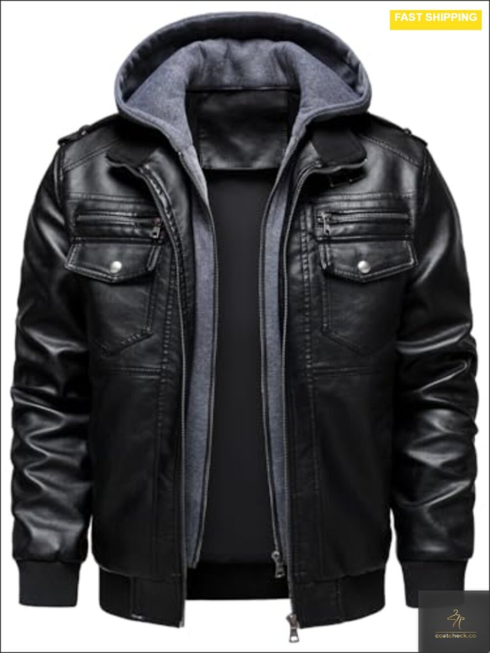 Men's Faux Leather Motorcycle Jacket with Hood, Water Repellent, Multi-Pockets